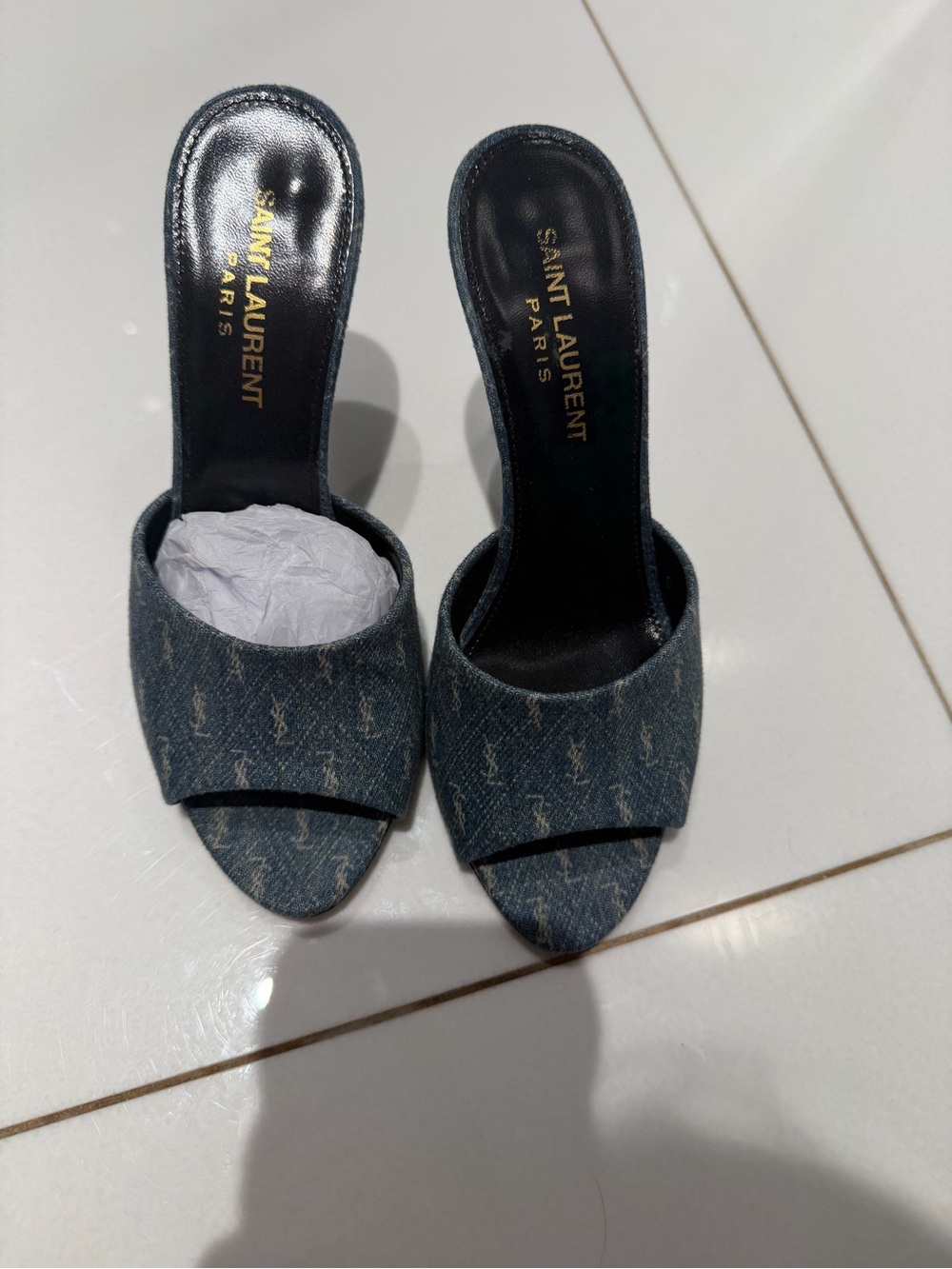 Saint Laurent Denim Logo Slide Mules in Dark Blue